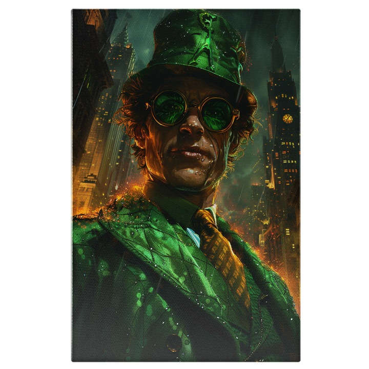 Tablou Canvas: Antagonist Privind la Camera in Costum si Palarie Verde Aprins- Film de Actiune si Portret Pictura Digitala 40x25CM