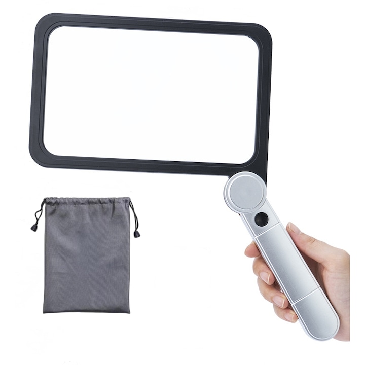 Lupa Mare cu 72 de LED-uri, BOMSTOM, Lupa pliabila pentru citire, 3 moduri de lumina, 5x marire, 3 Baterii AAA, 20.7x13.5cm, pentru varstnici, argintiu