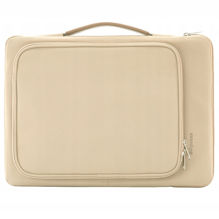 Geanta laptop Innostyle® OmniProtect®, pentru laptopuri de 16" si 15,6", impermeabila, material ecologic din 38 sticle PET, dimensiuni externe 39x28x5cm, interne 37x26x3cm, fermoare YKK, colturi ranforsate, usoara (480g), bej