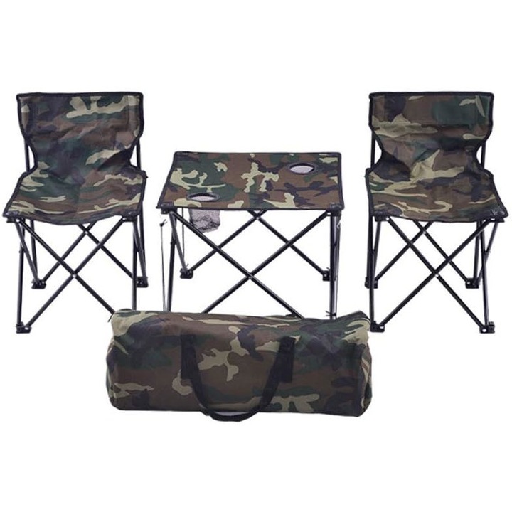 Set masa cu 2 scaune pentru camping, pliabile, cu geanta pentru depozitare, culoare camuflaj