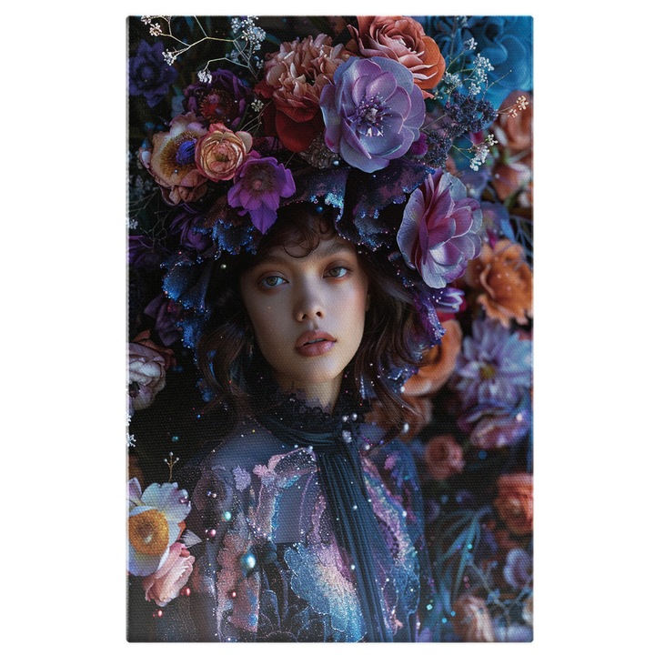 Картина на платно: Портрет на красива жена с големи и лилави цветя на главата й - дигитална картина Floral Elegance 60x40CM