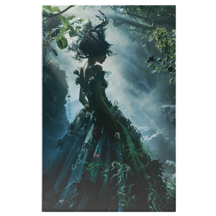 Tablou Canvas: Femeie a Naturii cu Rochie Lunga Verde in Razele Soarelui- Cadru Natural si Arta Vizuala Pictura Digitala 90x60CM