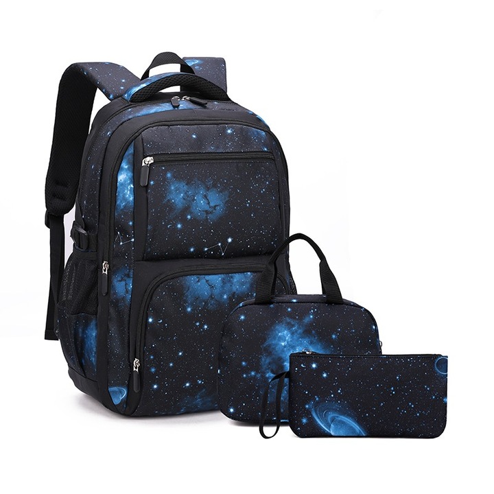 Iskolai hátizsák szett, tolltartó és táska, NEVERMORE, Csillagos ég mintás, Tartós, 46 x 30 x 22 cm, Fekete kékkel
