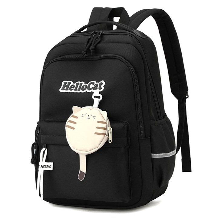 Ghiozdan scoala, NEVERMORE, Logo Hello Cat, Rezistent la apa, Nylon, 44 x 28 x 13 cm, Negru