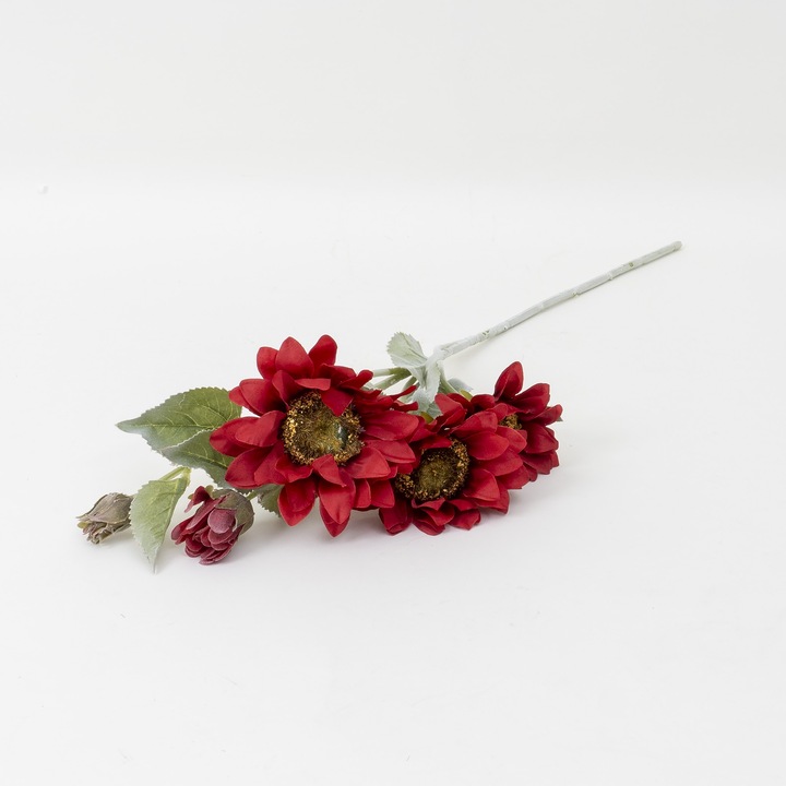 Mesterséges napraforgó drót, 3 virággal, piros színű, H 60 cm, BSP / CD4945_1