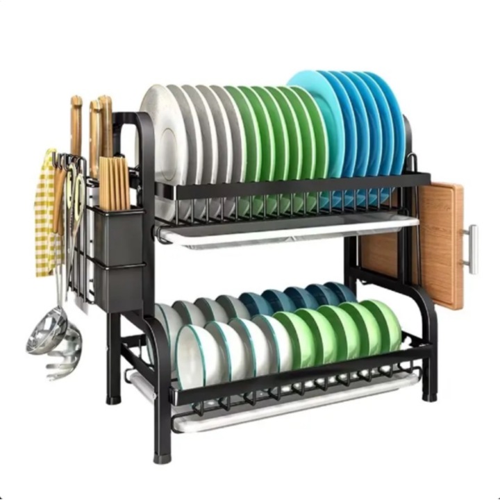 Raft scurgator de vase etajat cu suport, tacamuri, Pahare, Tocator, Tava de scurgere, 2 Nivele, Negru, Metal, 30 x 40 x 25 cm