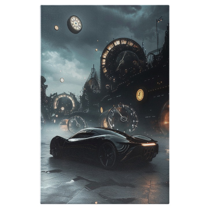 Tablou Canvas: Masina Futuristica din Viitor si Galaxie cu Ceasuri- Masini de Colectie Pictura Digitala 40x25CM