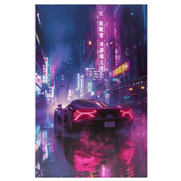 Tablou Canvas: Masina Sport cu Lumini Mov in Oras Noaptea- Iubitori de Masini Pictura Digitala 60x40CM