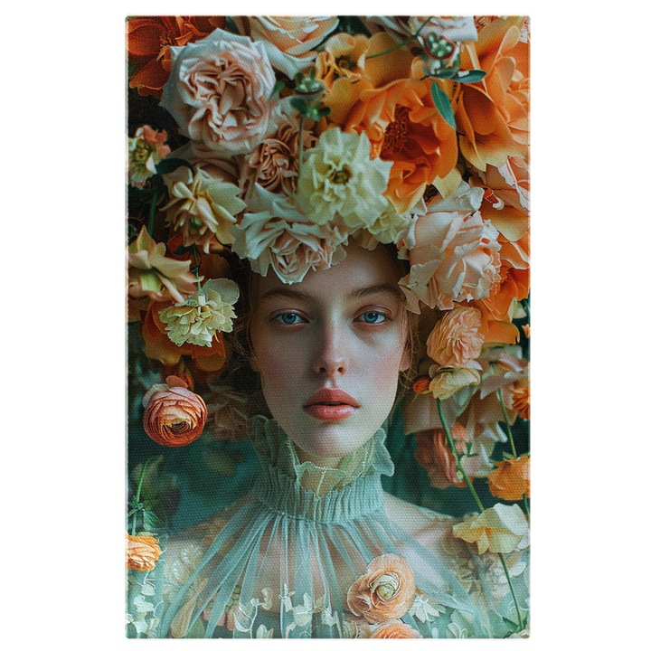 Tablou Canvas: Machiaj Impecabil, Ten Curat, Coroana din Flori Colorate- Portret de Femeie Pictura Digitala 70x50CM