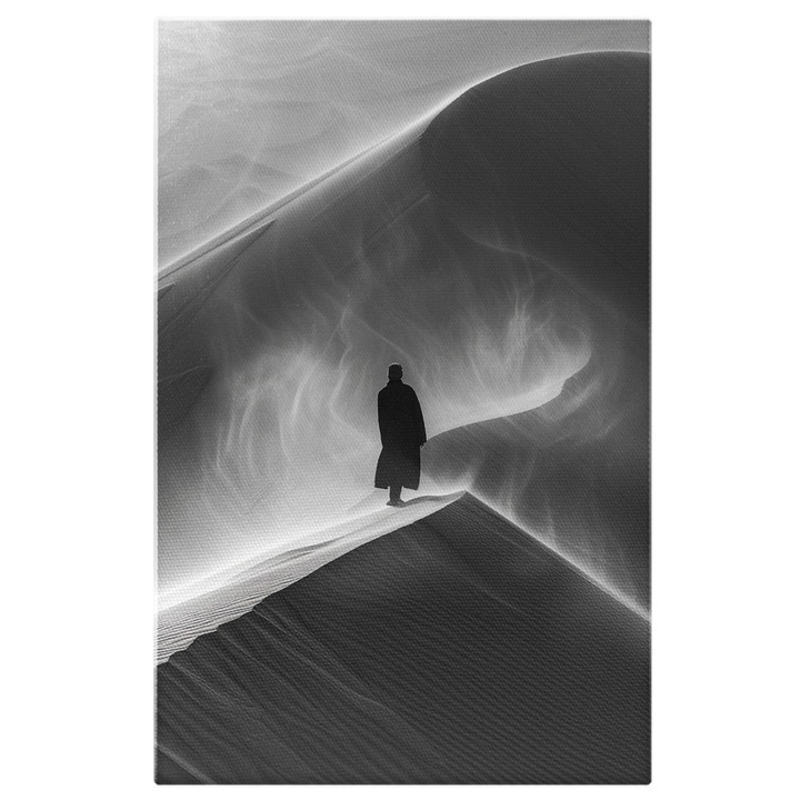 Tablou Canvas: Dune de Nisip in Desert si Personalitate cu Spatele in Curenti de Aer- Fotografie Alb-Negru Pictura Digitala 40x25CM