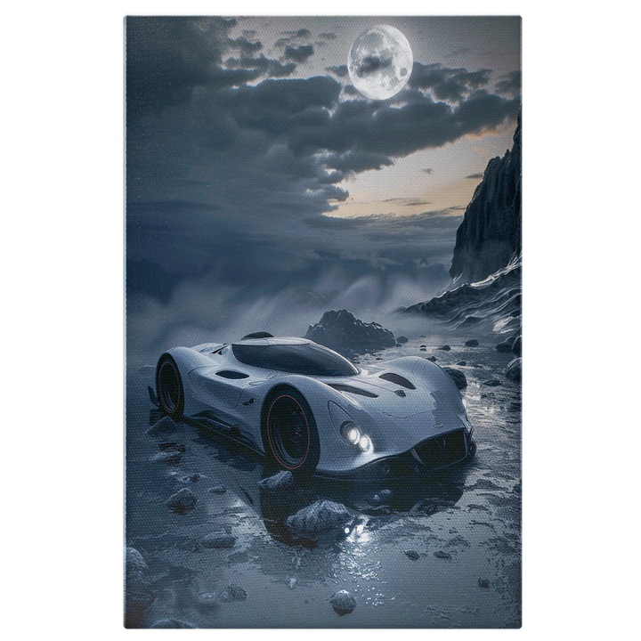 Tablou Canvas: Masina Futuristica Alba cu Faruri Aprinse si Luna Plina in Fundal- Masini de Colectie Pictura Digitala 40x25CM