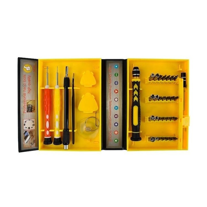 Kit de reparatii pentru bijuterii, ceasuri, telefoane, 38 piese, carcasa pentru depozitare inclusa, crom vanadiu, 15 x 10.5 x 3.6 cm, galben, Dactylion®