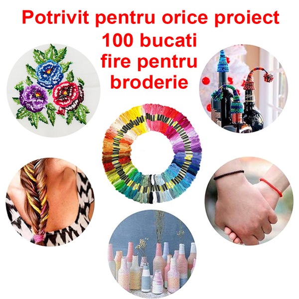 Fire textile, pentru broderie, set 100 bucati, viu colorate, din bumbac ...