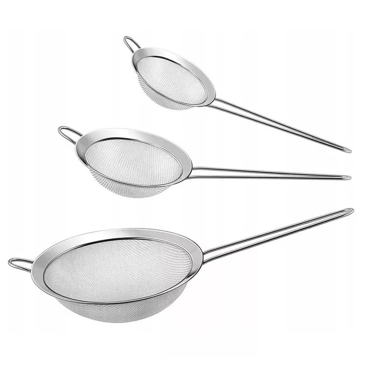Set 3 bucati site bucatarie, otel, 5.5, 7 si 8 cm diametru, argintiu