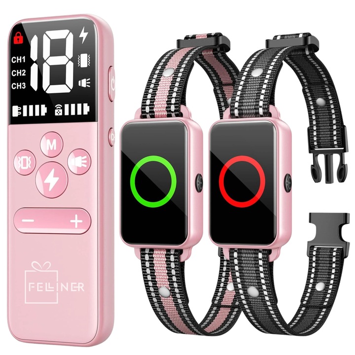 Zgarda electrica dresaj pentru 2 caini, Felliner, GE-G22, raza actiune 1000 metrii, gard electronic, vibratie, sunet si localizare, rezistenta la apa IPX7, autonomie standby 60 zile, roz