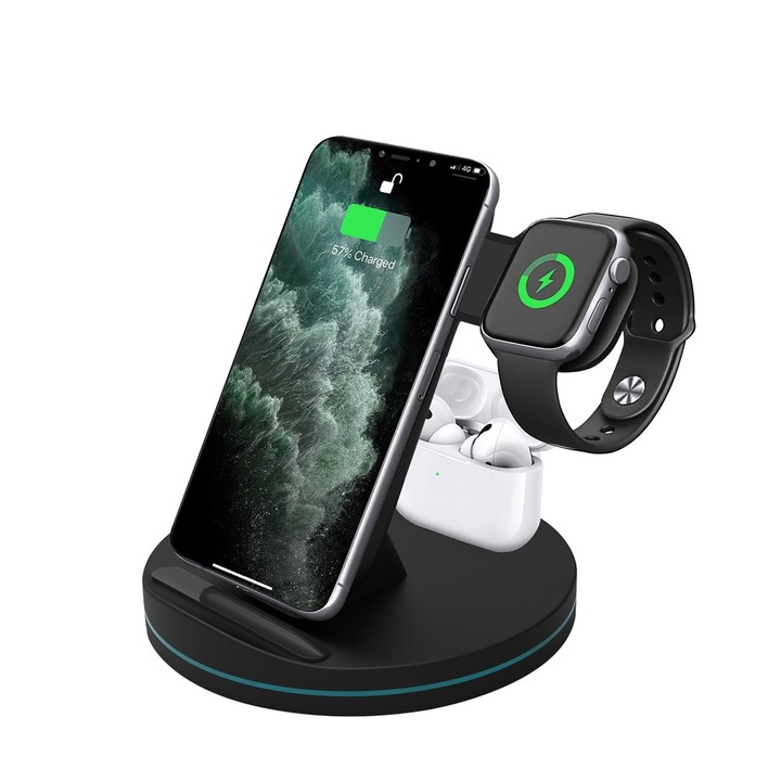 Incarcator Wireless 3 in 1 Innoventus®, Incarcare Rapida, 18W, Compatibil cu iPhone, Apple Watch, AirPods, Cablu USB-C Inclus, negru