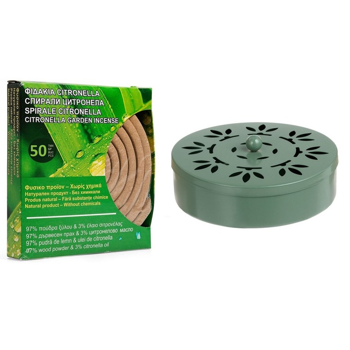 Szúnyog elleni Citronella spirál készlet 50 db fapor és Citronella olaj, fém tartó a szúnyog elleni spirálokhoz, Olíva kivitel, 14,5 x 4 cm