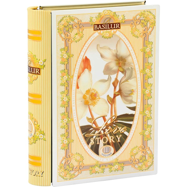 Ceai verde pur ceylon "Love Story vol. 3", cu flori de amaranth si pinacolada, fara aditivi, carte metalica, 100g, Basilur Tea