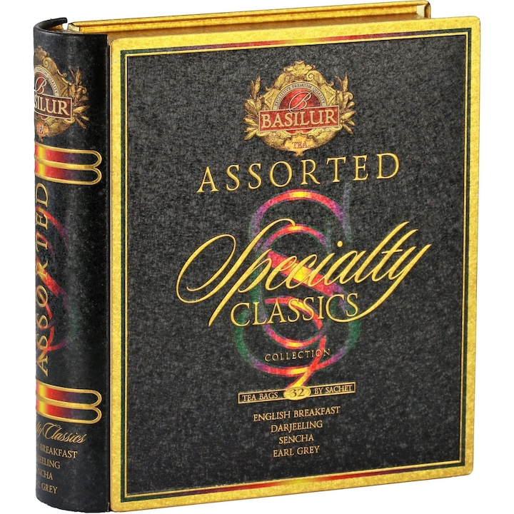 Vegyes tea fekete/zöld/sencha 4 fajta, "Specialty Classics", fém könyv, 32 tasak, Basilur tea