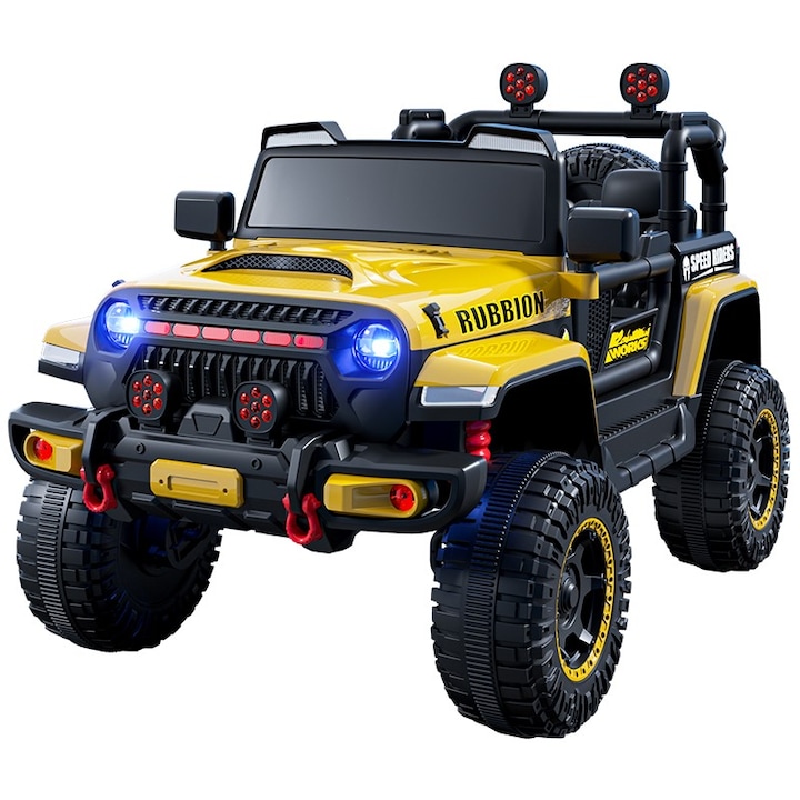 Masina Electrica pentru Copii, Flippy, Off-Road, Conectare Bluetooth, telecomanda, Tractiune Spate, Lumina Intermitenta, Baterie 12V 7Ah, 120 x 63 x 68cm, Galben