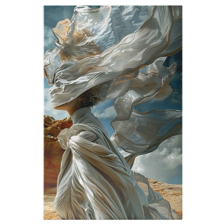 Tablou Canvas: Material Vestimentar Alb in Vant Acoperind Fata si Trupul Femeii- Moda si Design Pictura Digitala 60x40CM