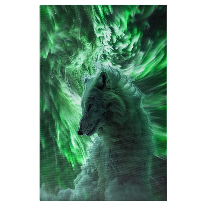 Tablou Canvas: Lup Polar din Profil si Umbre de Fum Albe si Verde Neon- Salbatic si Abstract Pictura Digitala 100x70CM
