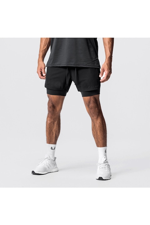 Pantaloni Scurti in Doua Straturi, Elastici si Respirabili, pentru Sala, Fitness sau Sport, Cu 3 Buzunare, Loc de Telefon si Prosop, Negru, M, Unisex, PriStyle®