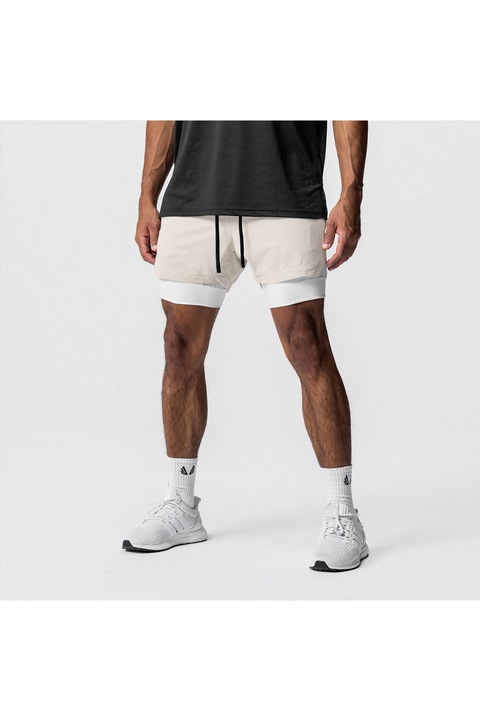 Pantaloni Scurti in Doua Straturi, Elastici si Respirabili, pentru Sala, Fitness sau Sport, Cu 3 Buzunare, Loc de Telefon si Prosop, Alb, L, Unisex, PriStyle