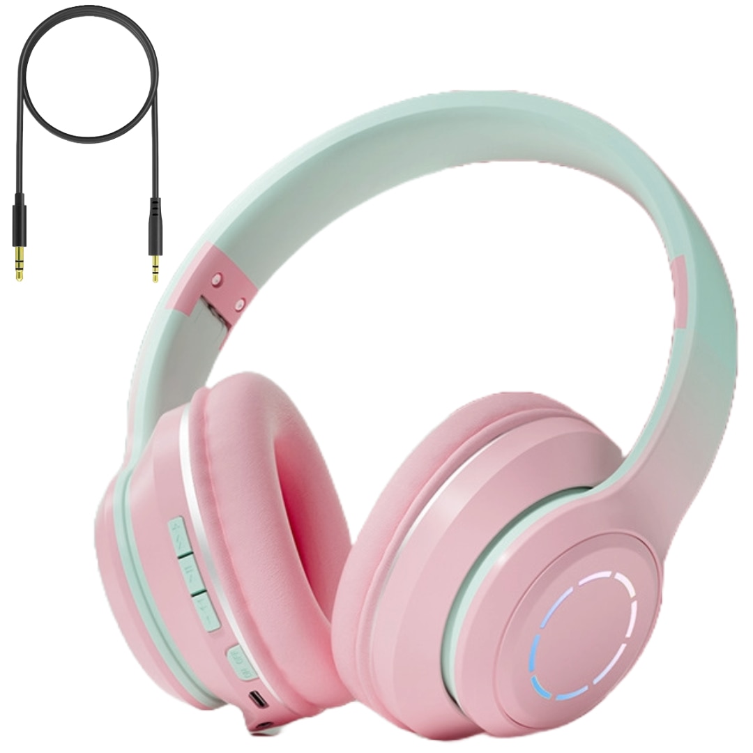 Casti wireless pliabile si ajustabile, iluminate RGB, i4FIT®, Bluetooth 5.0, EDR, Cablu AUX, Sunet Stereo si microfon, Roz