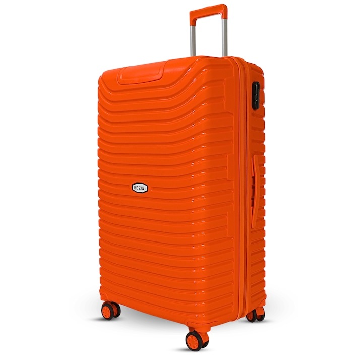 Куфар Bezubi Easy Travel, ръчен багаж, 84x50x38, обем 140 литра, телескопична дръжка, 4 безшумни двойни колела, въртене на 360 градуса, затваряне с цип и цифри, разделяне с джоб, специален гъвкав нечуплив PP материал, оранжев