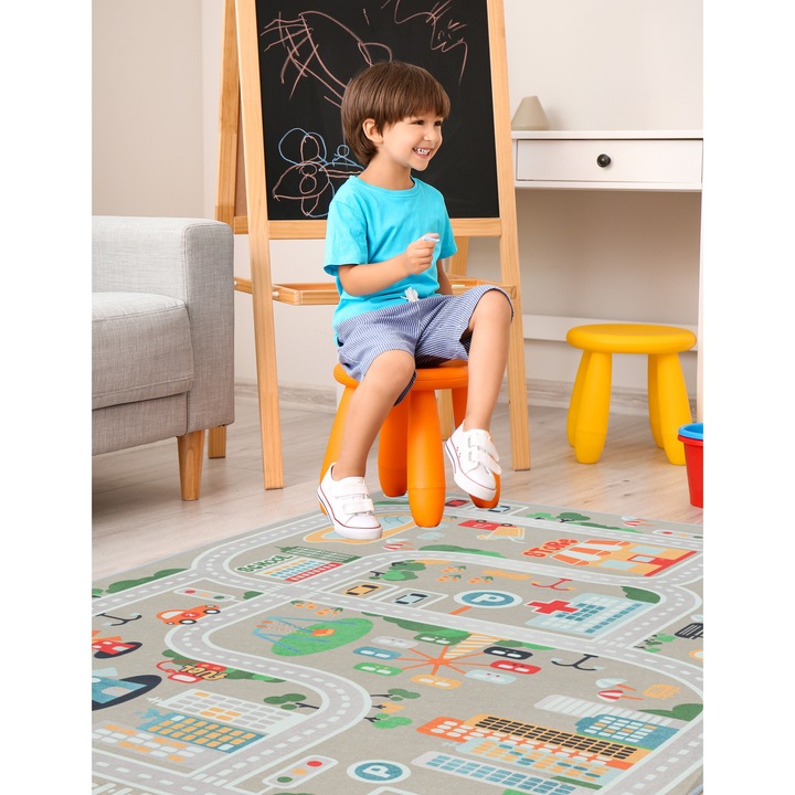 Covor pentru copii, e-floor, cu oras si strazi, moale, cu gramada scurta, 150x200 cm, bej