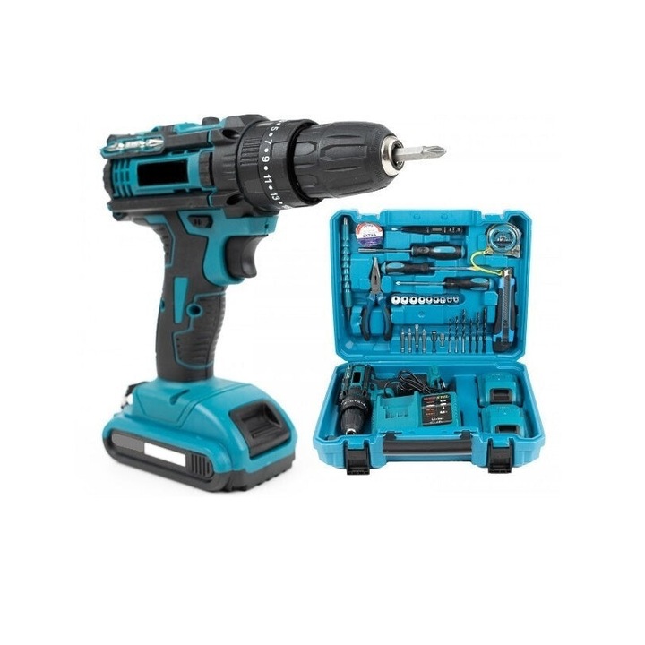 Bormasina electrica portabila, 36V, cu percutie, 2 acumulatori, trusa si 30 accesorii, albastru