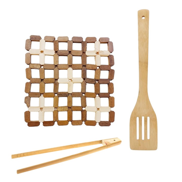 Set ustensile bucatarie, paleta bambus 30cm, cleste bambus 30cm, suport oale si pahare 15cm, rezistene si portabile, pentru gatire si servire