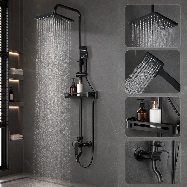 Coloana de Dus Completa, Pulverizare 360°, Corp din Alama, 3 Niveluri de Descarcare, Spray cu Oxigen, Masa de Depozitare Reglabila, Baterie cu Aerator, Racorduri Incluse, Control Rece/Cald Negru, 110-140 CM SMART GADGETS C&A