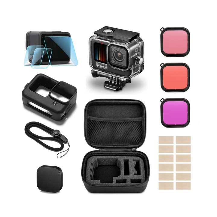 Комплект от 7 аксесоара за Gopro Camera Hero 9 Hero 10 Hero 11 Hero 12, Водоустойчив калъф, Силиконов капак и защитно покритие, 3 x Защитно фолио за обектива на екрана, Чанта за носене, 3 бр Подводен филтър, 12 бр. Ленти против пара