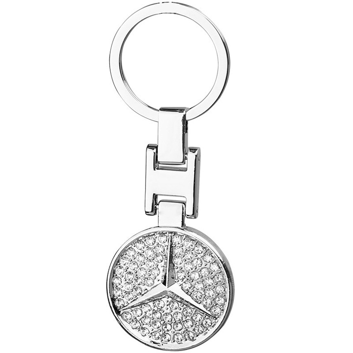 Kulcstartó, KkvoGmle, Cink ötvözet, Mercedes Benz logó, Kristály, Ezüst, 3x10cm