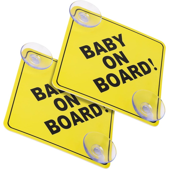2 autó figyelmeztető tábla készlet "Baby on Board", KkvoGmle, sárga, újrafelhasználható, ragasztó nélkül