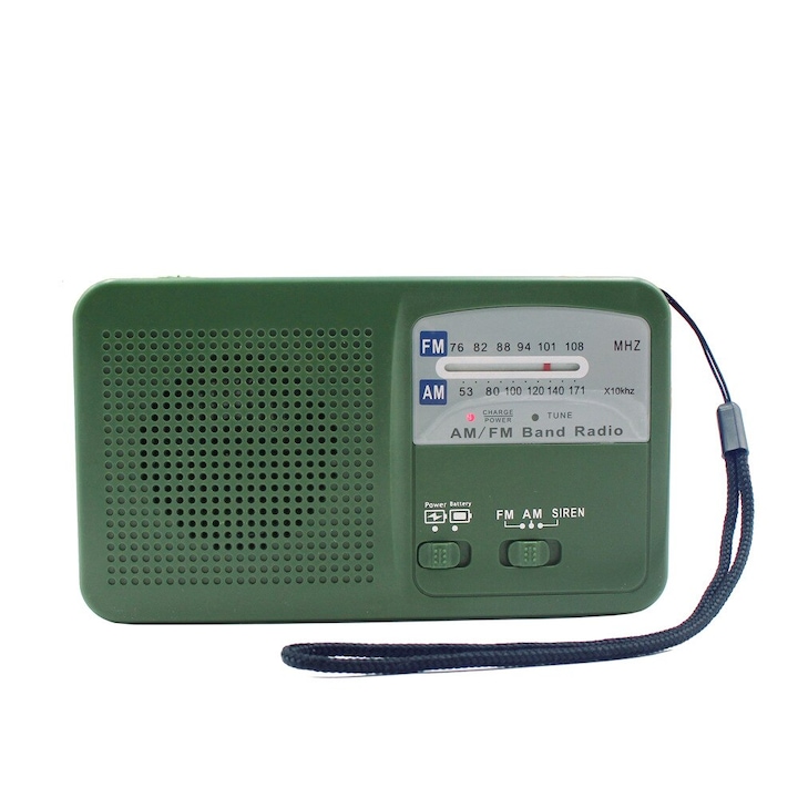 Napelemes rádió, KkvoGmle, AM/FM/USB, SOS sziréna, újratölthető, zöld, 15,7x9x5,5 cm