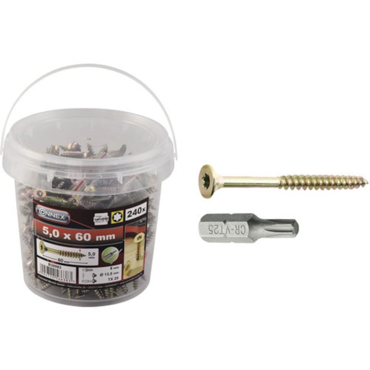 Holsuruburi Universale Cu Cap Inecat Torx Connex 5x60 Mm Otel Zincat Galben, 240 Bucati, Incl. Bit Torx 25mm