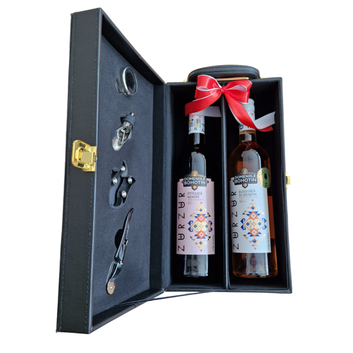 Set cadou pentru barbati Wine Box V, cu Vin medaliat cu aur Domeniile Bohotin, accesorii pentru vin si cutie depozitat si transportat 2 sticle de vin