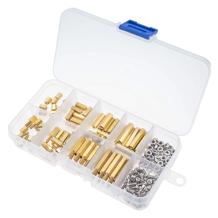 Комплект дистанционери M3 Latauar, майка-майка и майка-баща, изработени от месинг, със стоманени винтове и гайки и пластмасови шайби, за печатна платка, 200 бр.