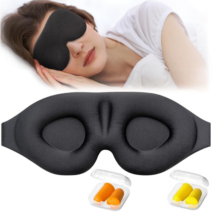Masca pentru somn, Axroad Mall, Decupata 3D pentu imbunatatirea odihnei, Reglabila, Cu 2 seturi de dopuri de urechi incluse, Blocheaza lumina in totalitate, Fara presiune pe ochi, Spuma cu memorie, 24.5×9.5×1.5 cm, Negru