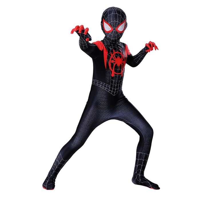 Детски комплект костюми за момчета Spider-Man Miles, SINBITA, с маска, 5-16 години, скрит цип, издръжлив и лесен за почистване, унисекс, висока еластичност, Хелоуин, косплей, полиестер, 120-130 см, червено/черно