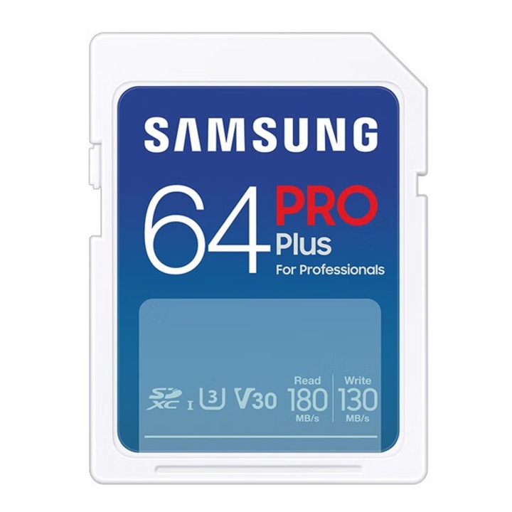 Card de memorie, Samsung, PRO Plus Full size 64GB SDXC, pana la 180 MB/s, Full HD si 4K UHD, UHS-I, C10, U3, V30, pentru DSLR, camere fara oglinda, PC, MB-SD64S/AM
