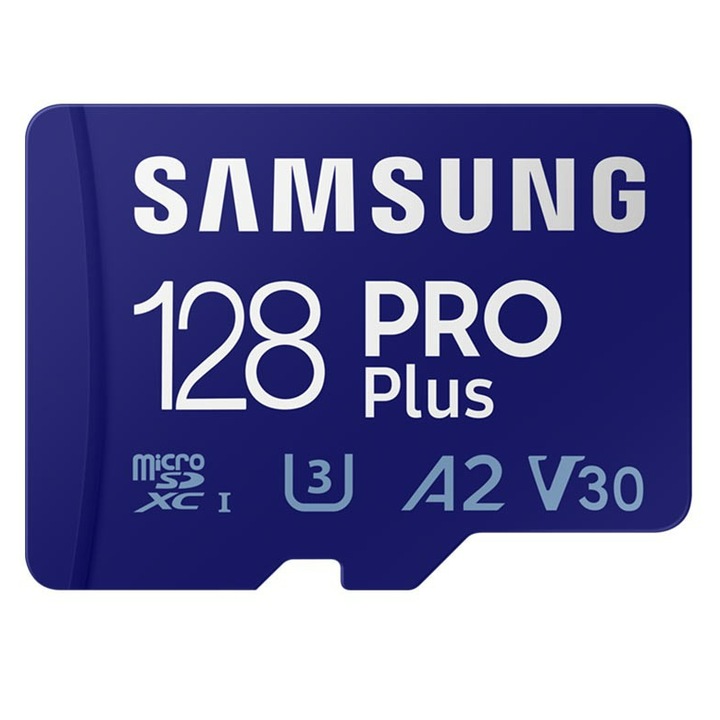 Card de memorie, SAMSUNG, PRO Plus microSD, 128 GB MicroSDXC, Full HD si 4K UHD, UHS-I, C10, U3, V30, A2 pentru telefoane Android, tablete, GoPRO, drone DJI, MB-MD128SA