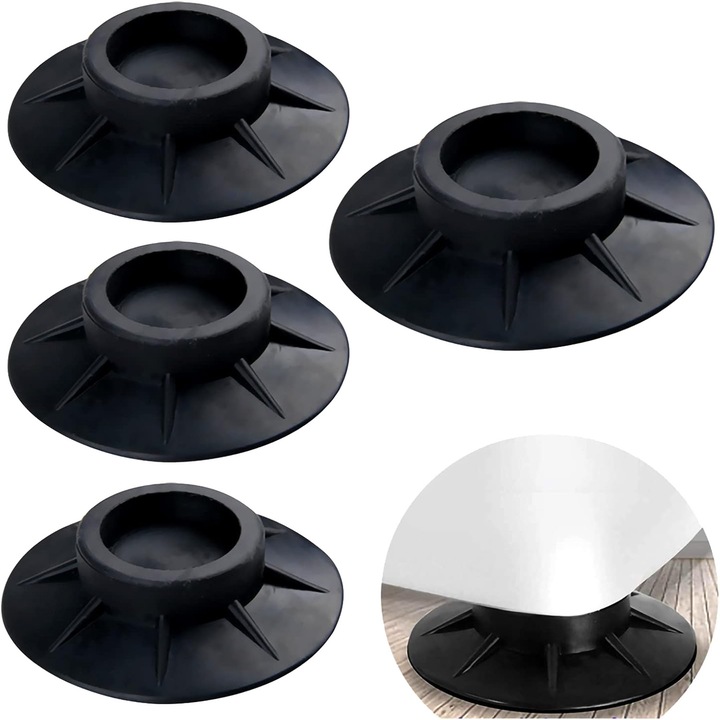Set 4 suporti anti-vibratii si zgomot，pentru masina de spalat, Fericire, Cauciuc, Negru