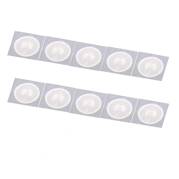 Set 10 Tag-uri NFC autoadezive, rotunde, NFC213, 13.56mHz, programabile, scriere, citire cu telefon mobil, Alb
