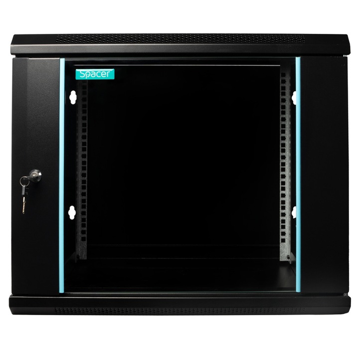 Szekrény 19″ SPACER 9U 600x450mm, falra rögzíthető, Flatpack (nem összeszerelve), fekete, üvegajtó zárral, kivehető panelek, 1,5 mm acél, maximális teherbírás 60 kg