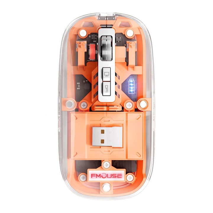Vezeték nélküli egér, Bluetooth 2.4G, 4 állítható 800/1200/1600/2400 DPI, 3 csatlakozási mód, Újratölthető, Átlátszó, Csendes, Ergonomikus, USB vevővel és Type C adapterrel, Laptop számítógépekhez / Mac, IPad, 11 ,5 × 2,5×5, 7 cm, narancs