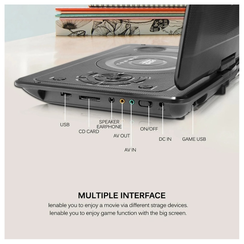 DVD, 13,9 inchi, portabil, design multifunctional, FM, suport TV